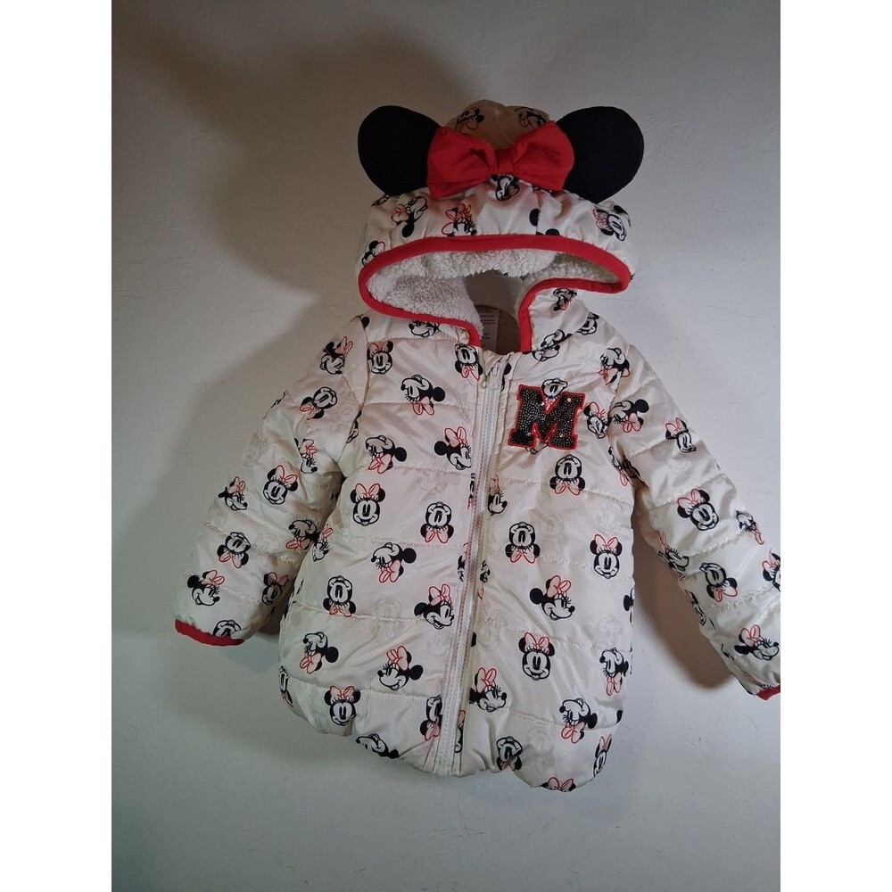 Disney Junior Minnie Mouse Hooded Puffer Jacket Ears Red Bow Size 3T Sherpa READ